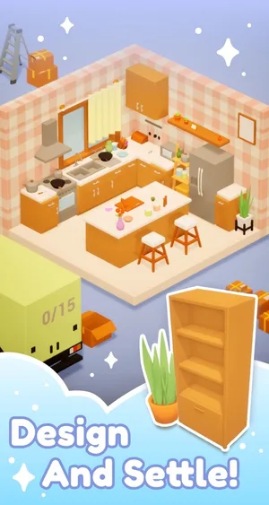 Store picture: an isometric kitchen being furnished, with the caption Design and settle.