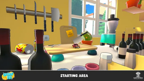 The kitchen counter starting area, seen from the height of a toy car.