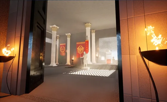 A torch-lit Roman hall with white columns and red banners.