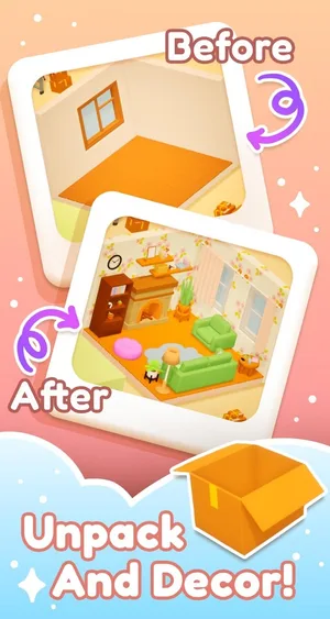 Store picture: a room before and after decorating, with the caption Unpack and decor.