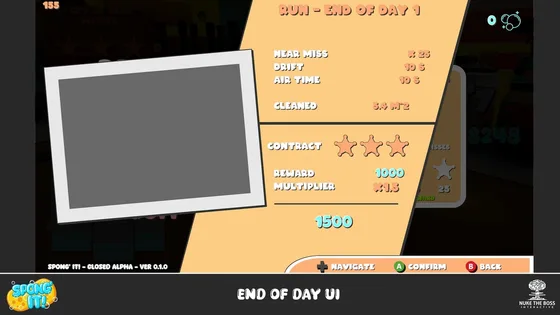 The end-of-day screen: near misses, drift, air time and the contract reward.