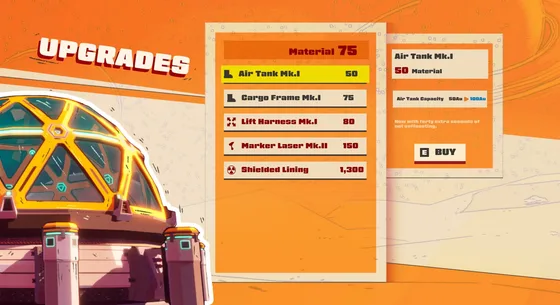 The upgrades screen, a list of gear to buy beside a glass dome.