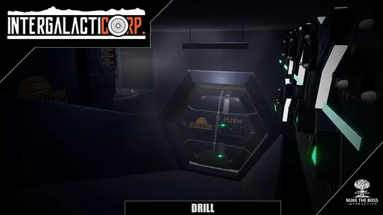 A render of the Drill behind a hexagonal hatch.