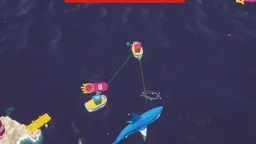 Two small boats and a shark on dark water in Something's Fishy.