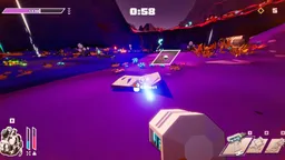 A first-person view of a purple alien landscape in Honey, Can You Take Out the Trash?, with a collecting tool in hand.