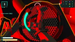 A red, alarm-lit view from inside the mining vessel in INTERGALACTICORP.