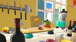 The kitchen counter starting area in Spong' It!, seen from the height of a toy car.